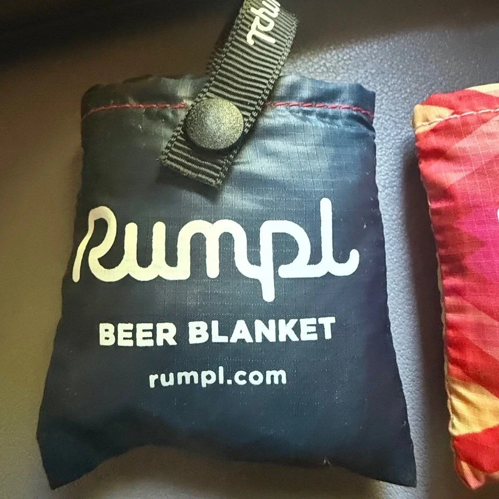 Rumpl Beer Blanket Set of 2 Insulated Can Koozies Navy & Rainbow Geometric Puffy